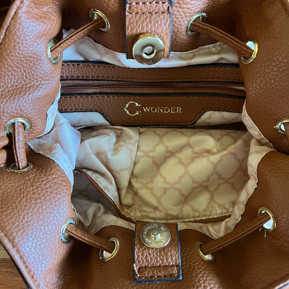 C Wonder Charlotte Sherpa Convertible Backpack Purse Bucket Bag Cognac Brown - Picture 3 of 16